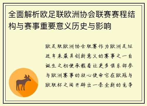 全面解析欧足联欧洲协会联赛赛程结构与赛事重要意义历史与影响